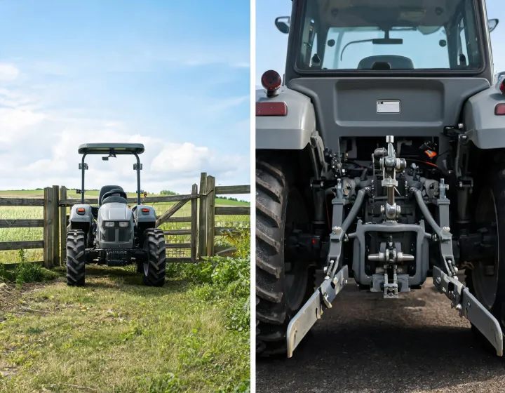 Compact tractor and implement inspection beside a farm field